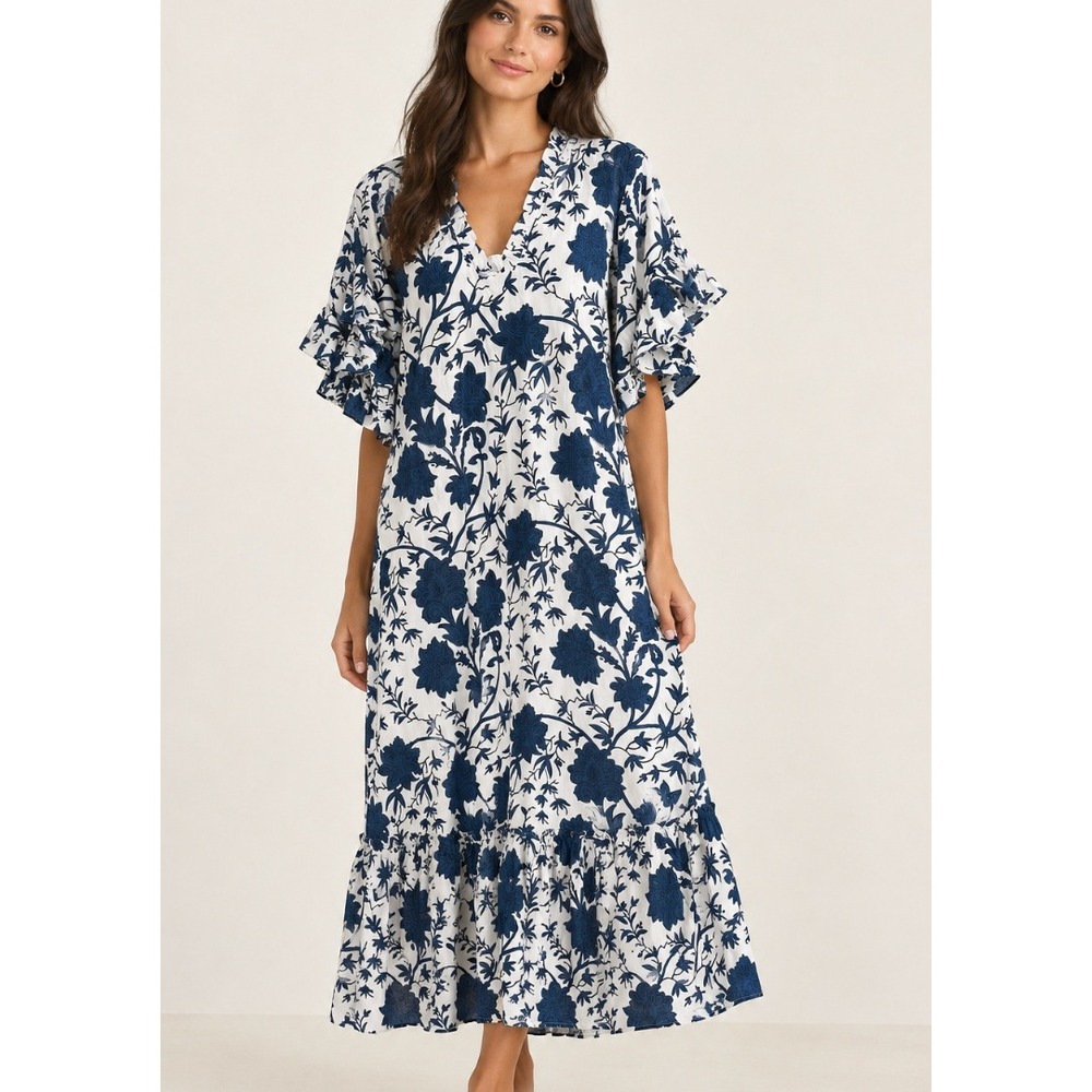 Fitzroy & Willa Soleil Ruffle Flutter Sleeve Midi Dress in White sz M